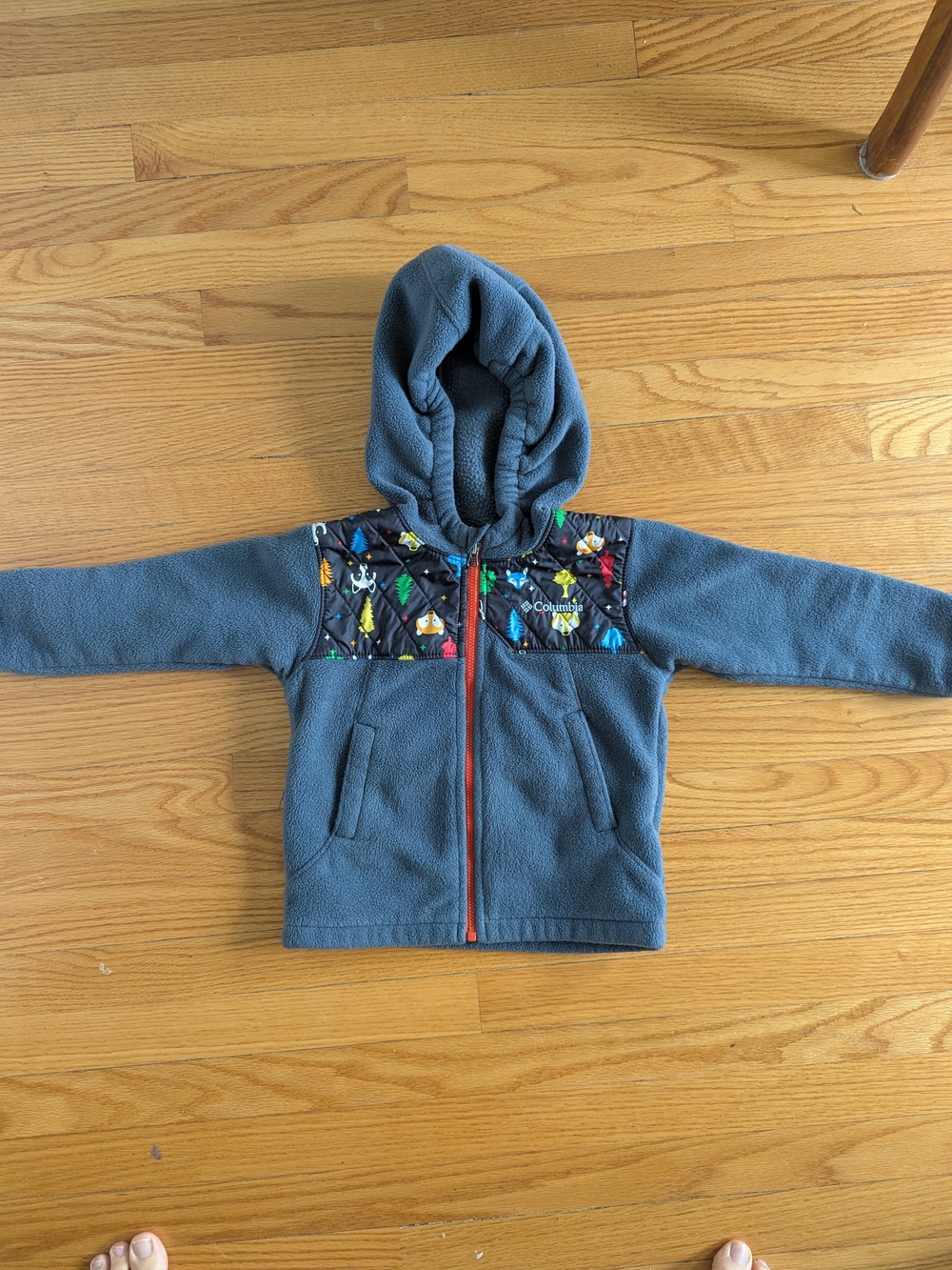Columbia Kids Gray Hooded Fleece Jacket with Colorful Patterned Yoke